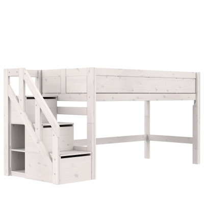 Lifetime Kidsrooms Halbhohes Bett 120 cm, mit Treppe, Premium Rollboden mit 23 Latten whitewash