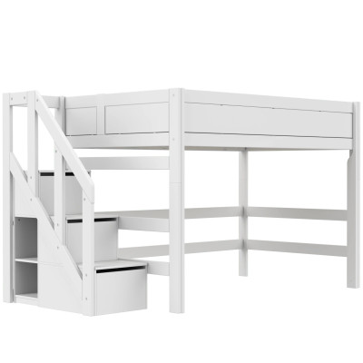 Lifetime Kidsrooms Mittelhoch Bett 120 cm, mit Treppe, Premium Rollboden mit 23 Latten weiss