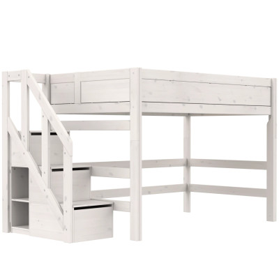 Lifetime Kidsrooms Mid-High Bed 120 cm with staircase, Premium Roller Slat Base with 23 Slats, whitewash