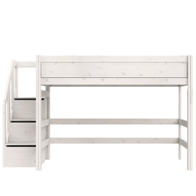 Lifetime Kidsrooms Mid-High Bed 120 cm with staircase, Premium Roller Slat Base with 23 Slats, whitewash