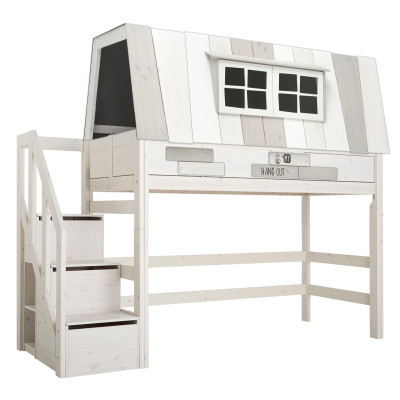 Lifetime medium loft bed Hangout with deluxe slatted frame and stairs whitewash