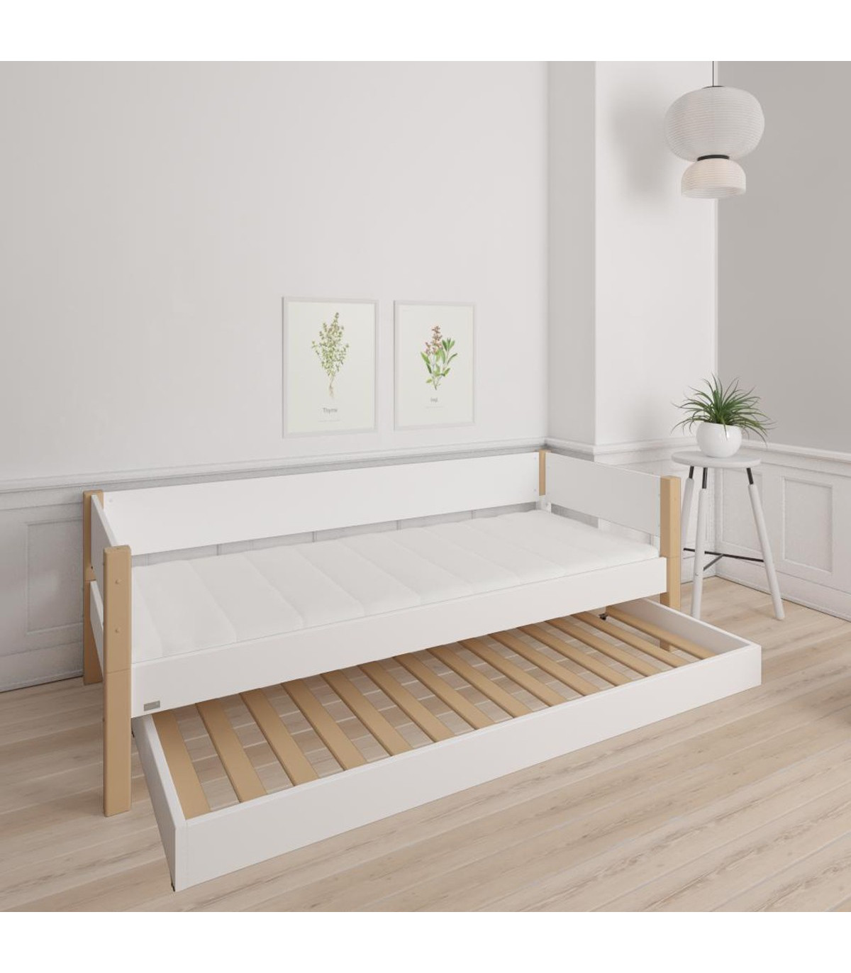 Manis h cot LIV 90 x 200 cm with pull out bed Snow white and beech post