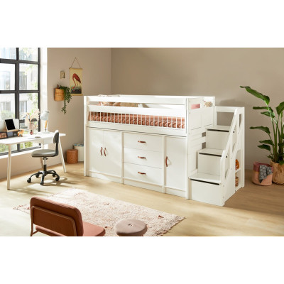 Lifetime All-In-One half-high bed with deluxe slatted base and storage space, whitewash