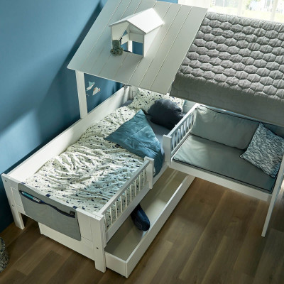 Lifetime Kombo 1 - Beach house cabin bed 90x200 con panca e struttura a doghe deluxe bianca