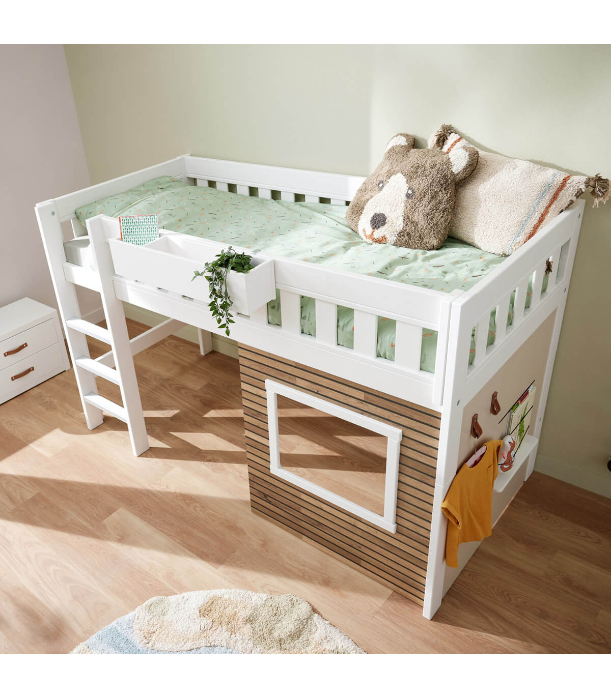 Letto per bambini 90x200cm, Letto a casetta con ripiano, in legno