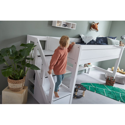 Lifetime Kidsrooms Halbhohes Bett 120x200 mit Treppe und Deluxe Lattenrost weiss