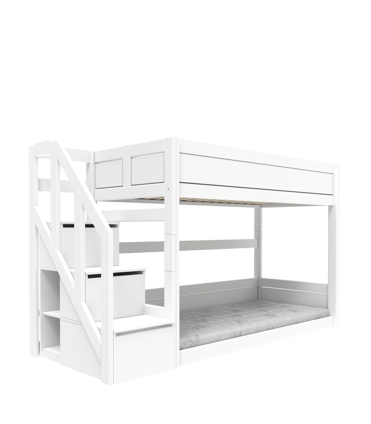 Lit enfant 90*200cm, lit superposé bas avec escalier de sécurité,blanc