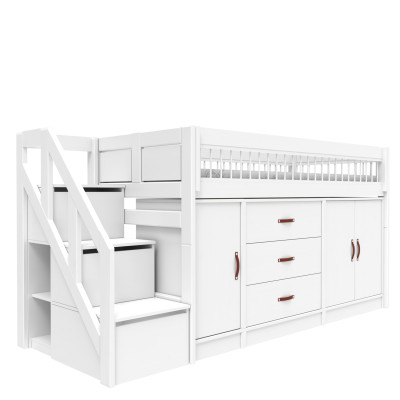 Letto semialto Lifetime ALL-IN-ONE con scaletta 128 cm, Breeze telaio a doghe standard bianco