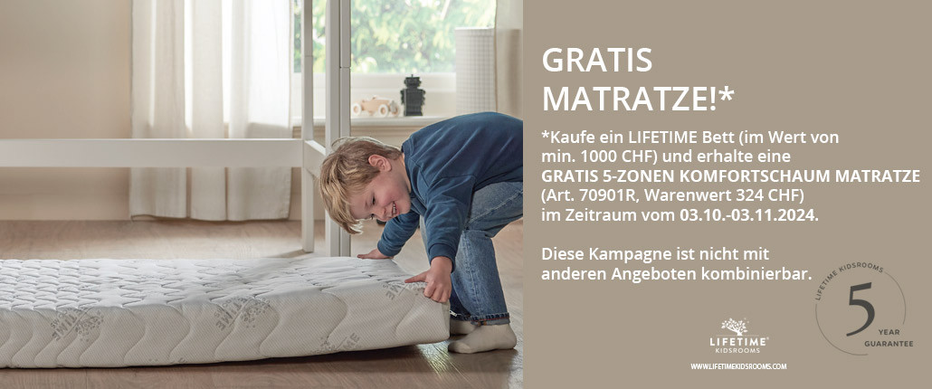 LIFETIME Bett-Angebot - Kaufe jetzt ein LIFETIME Bett und erhalte eine GRATIS 5-Zonen Matratze dazu. Aktion gültig bis 03.11.2024